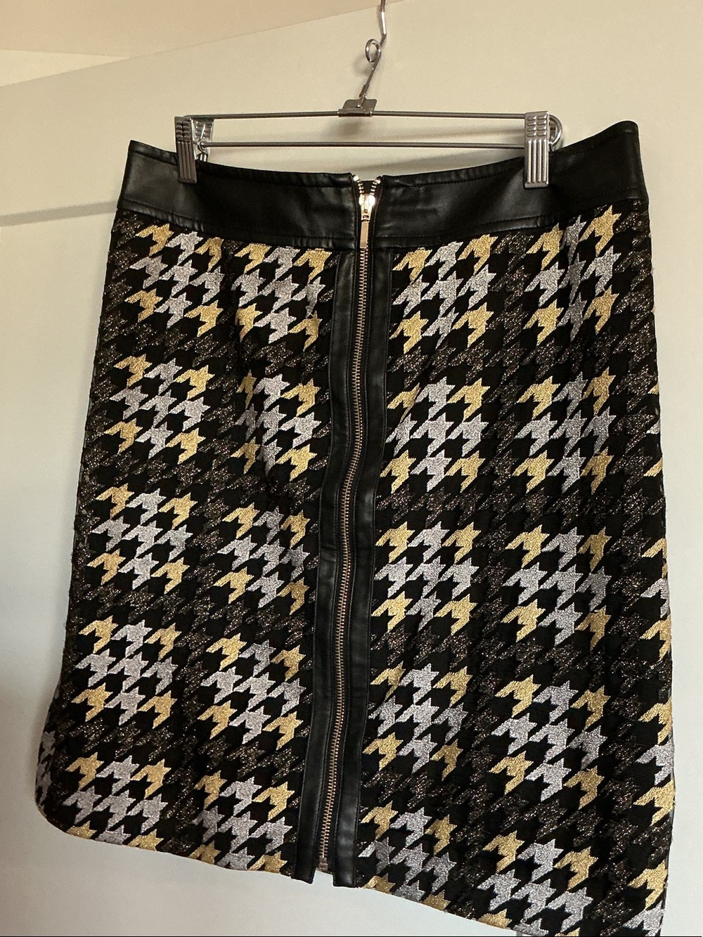 Black Houndstooth A-Line Skirt with Gold & Silver Accents